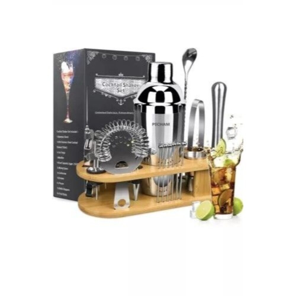 Cocktail Set 19-Piece Bar Tool Set Bamboo Stand Stainless Steel Shaker PECHAM